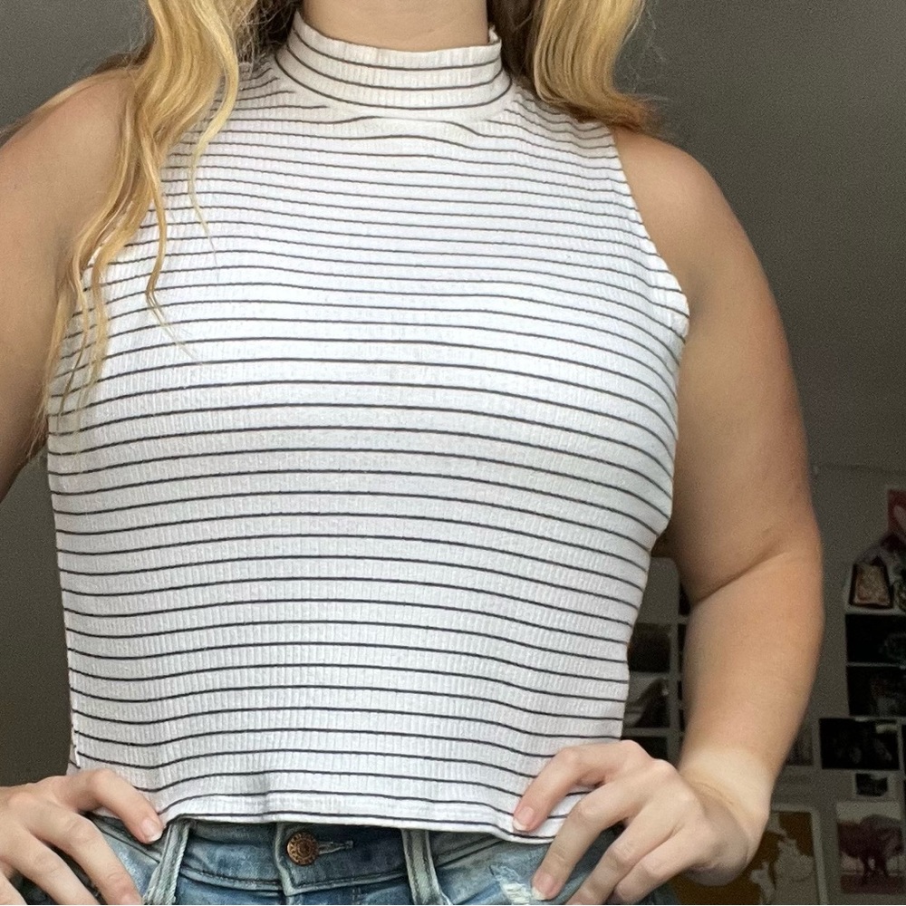 Cropped Striped Sleeveless Mock-neck Top